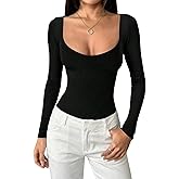 SweatyRocks Women's Low Cut Bodysuit Long Sleeve Sexy Leotard Fitted Going Out Tee Tops