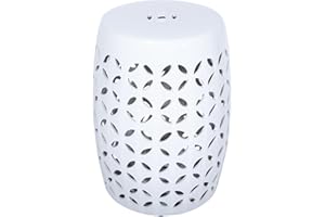 Talllor 17.7" White Ceramic Garden Stool with Lattice Cutout, French Country Style Indoor/Outdoor Drum Accent Table, Bohemian, Traditional Style for Patio, Balcony, Living Room, White #TL-GS65
