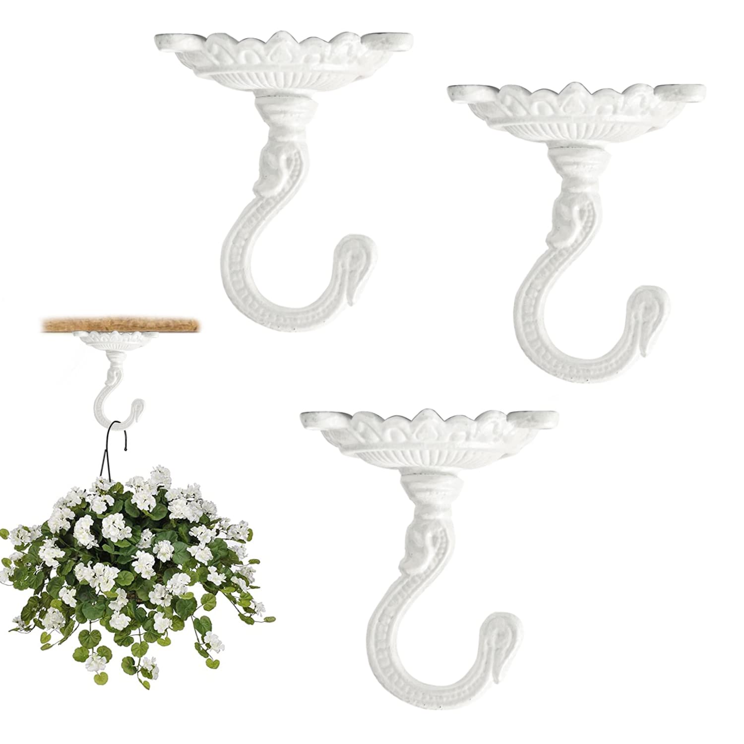 Photo 1 of Sungmor Heavy Duty Ceiling Hooks for Hanging Plants, 3PC White 3.5x3.9Inch Large Cast Iron Ceiling Hooks, Antique Decorative Ceiling Swag Hooks for Hanging Planter Chandelier Wind Chime Lantern Hanger