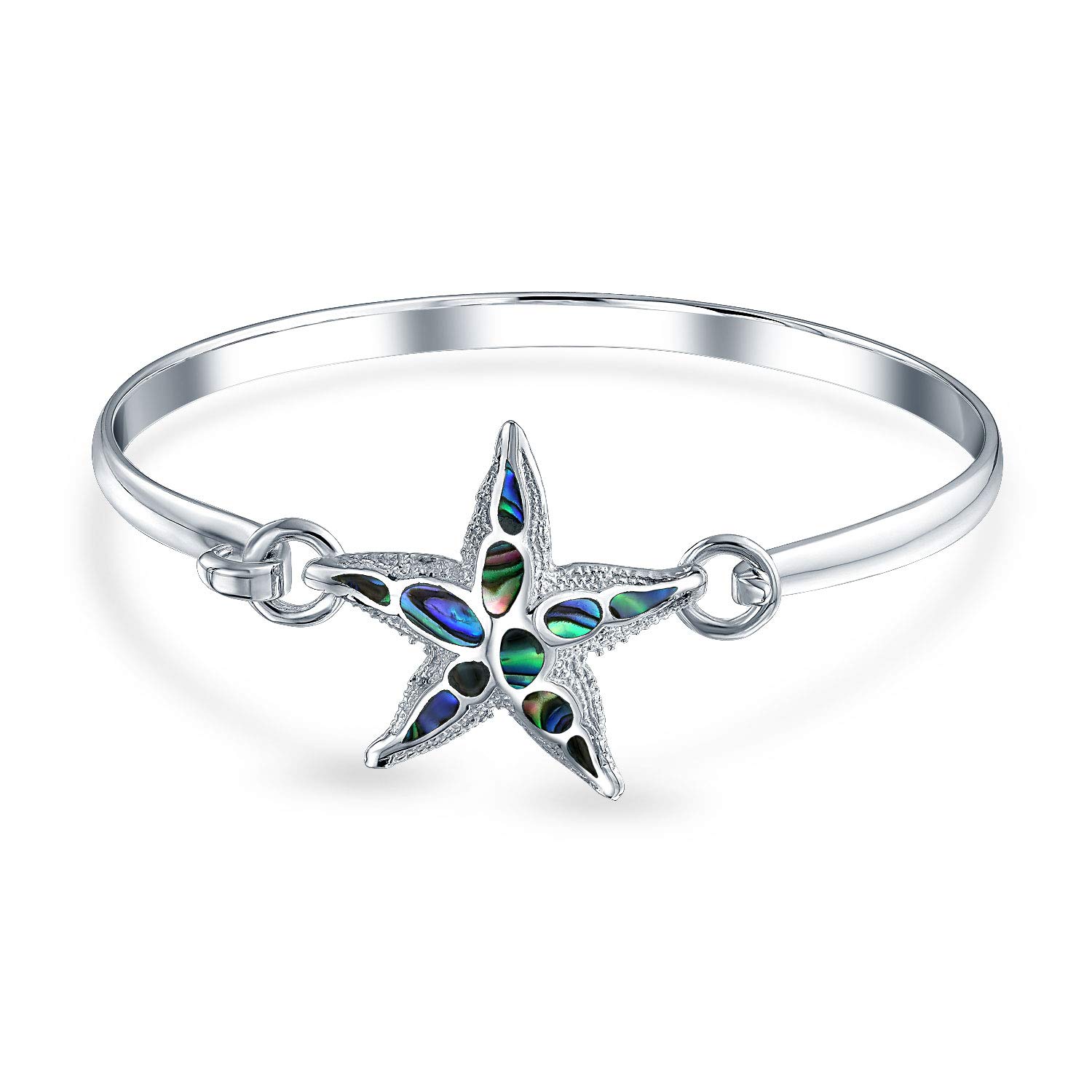Bling Jewelry Nautical Vacation Honeymoon Marine Life Beach Iridescent Abalone Shell Inlaid Drop Starfish Bangle Bracelet For Women Teen .925 Sterling Silver Lever Back