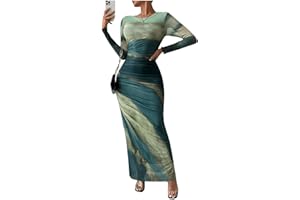 PRSFPN Women's Long Sleeves Maxi Bodycon Dress Tie Dye Ruched Mesh Layer Prom Formal Wedding Elegant Dresses