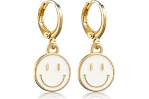 FROZIO Preppy Earrings for Teen Girls Women Smile Face Heart Charms Pendants Gold Small Huggie Hoop Dangle Drop Earrings Trendy Y2K Jewelry Gifts
