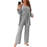 Fessceruna Womens 3 Piece Pajama Set Cami Tank Top Wide Leg Pants and Cardigan Loungewear Lounge Sets