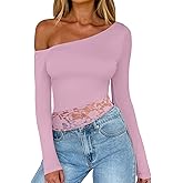 REORIA Womens Long Sleeve Crop Tops Double Lined Lace Off The Shoulder Tops Regular Fitted Shirts Y2k Trendy Going Out Tops