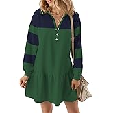 kipfall Women's Casual Dresses Long Sleeve Button V Neck Sweatshirt Dress Lapel Collared Pullover Dress