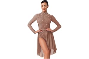 XUNZOO Women's Lyrical Modern Dance Dress Figure Skating Dress Glitter Rhinestone Long Sleeve Slit Skirt