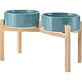 SPUNKYJUNKY Elevated Dog Bowls Ceramic, 8.3'' Dogs Food Water Bowls Raised with Non-Slip Bamboo Stand for Large Sized Breed Microwave Dishwasher Safe - 60 OZ,Dark Green