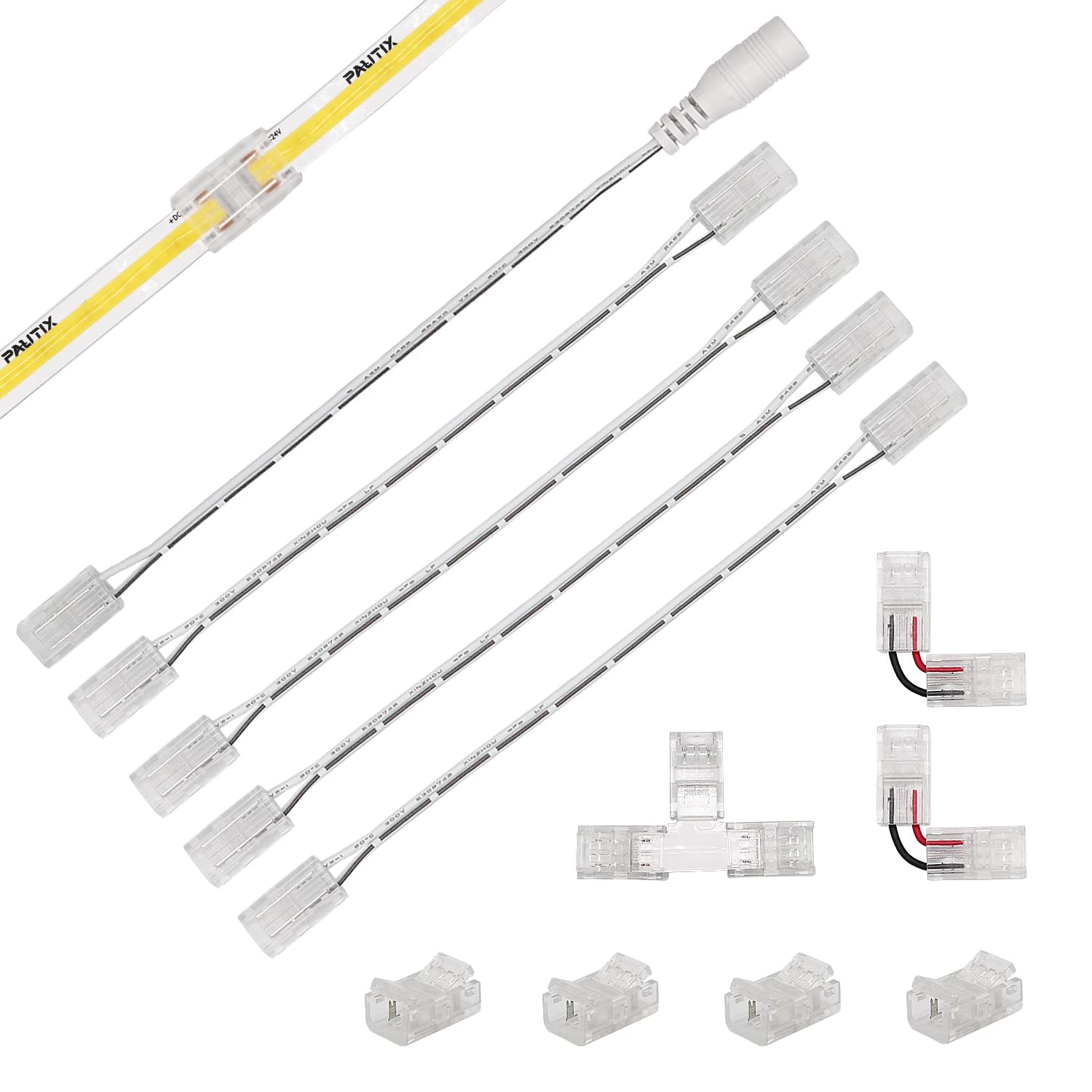 COB LED Strip Connector Set for 8mm Width COB Strip 2 pin,4pcs Transparent Gapless Middle Connectors ,2pcs L shape ,1pcs T shape and 4pcs Dual End Extension Wires 15cm with 1pcs DC Female Connector