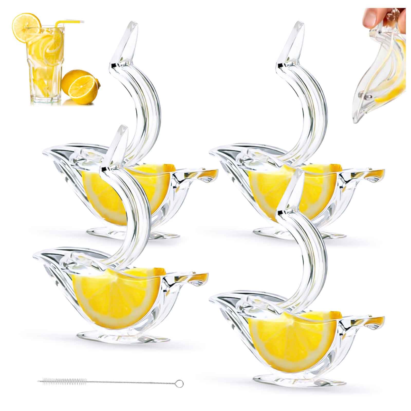 MUNSKT 4 Pack Manual Lemon Squeezers with Cleaning Brush, Acrylic Slice Fruit Juicer for Orange Lemon Lime Pomegranate, Transparent Portable Bird Shape, Kitchen Restaurant Supplies