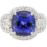 LAWSONS FINE JEWELRY Luxury 18K White Gold Tanzanite and Diamond Ring, 5.61ct Violet Blue Cushion Cut Center Stone, 3.07ct Total Diamond Weight, Filigree Design