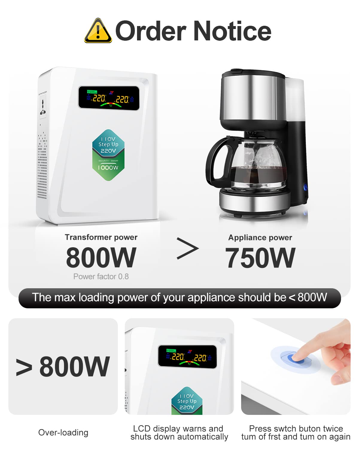 120v to 240v Step Up Transformer 1000W, 110v to 220v Power Voltage Converters, No Noise, Ten Protection Functions, Suit for Coffee Machines, Rice Cookers and Other Appliances