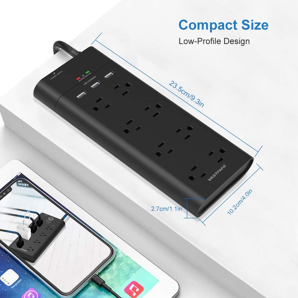 Power Strip VASTFAFA Surge Protector with 8 Outlets 3 USB Ports, 4.5ft Heavy Duty Extension Cord, FCC&ETL Listed, for Workbench, Home&Office, Black: Electronics
