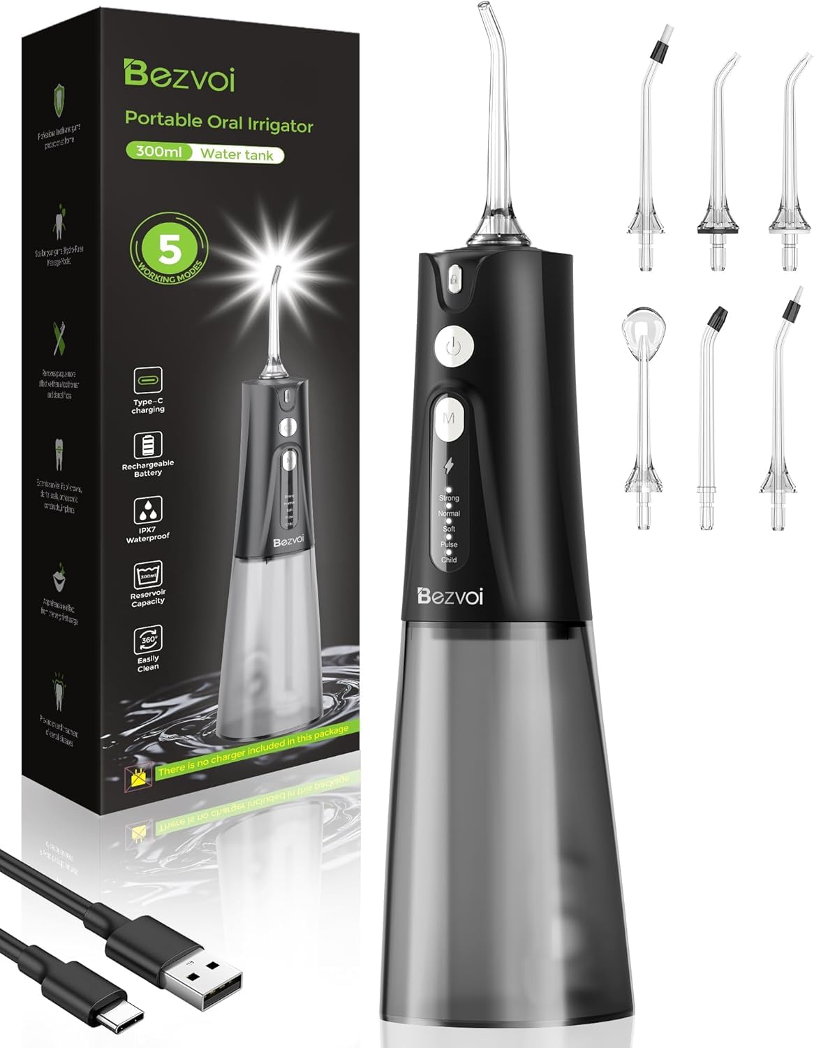 Bezvoi Water Flosser for Teeth Cordless: Oral Irrigator with 5 Modes, 300ML Water Tank IPX7 Waterproof Electric Tooth Cleaner, Water Floss with 6 Tips for Dental Care Cleaning, Black