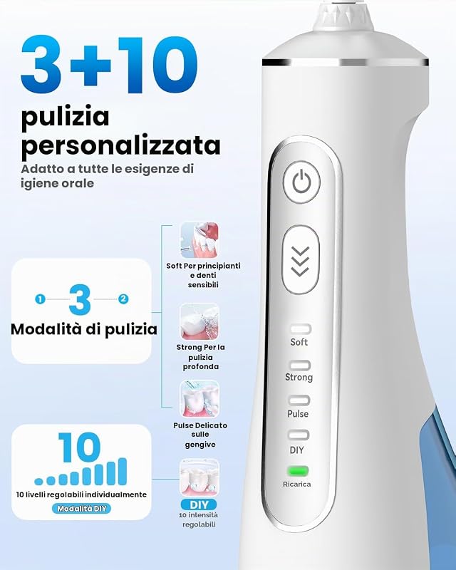 Irrigatore Orale Senza Fili, 300 ML Idropulsore Dentale Portatile, 3+1 Modalità Professionale Elettrico Water Flosser per Pulizia Denti, Impermeabile IPX7 per Viaggi a Casa di salute orale（Bianco）