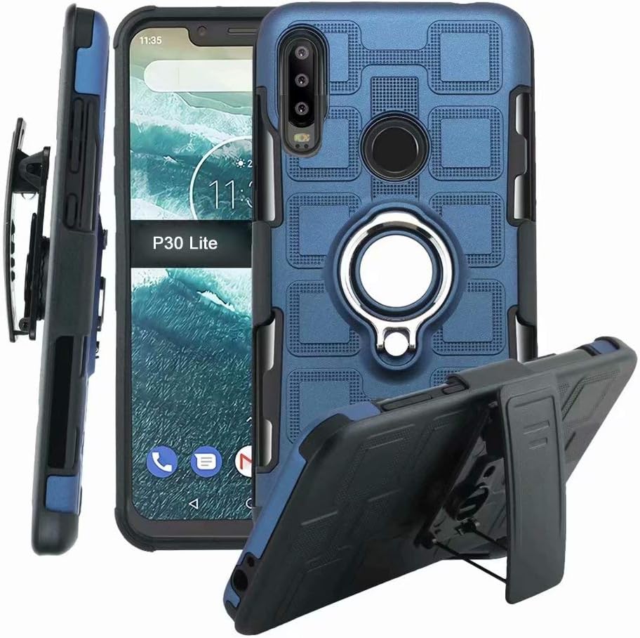 Lantier High Impact 3 Layer Hybrid Full Shockproof Armor Rugged Holster Protection Case with Kickstand Magnet 360 Degree Rotating Ring Belt Swivel Clip for Huawei P30 Lite Dark Blue