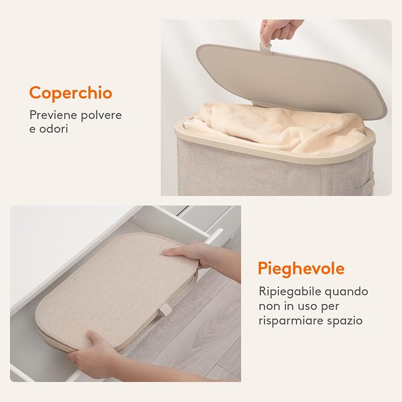 Cesto Portabiancheria, Cesta Panni Sporchi con coperchio, Laundry Basket con Plastica Manici, Porta Biancheria Sporca per Bagno, Lavanderia, Camera da Letto, 55 L, Beige
