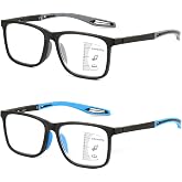 Missfive 2 Pack Upgraded Bend-Proof Multifocus Progressive Reading Glasses Men, TR90 Sporty Frame &amp; Metal Spring Hinge, No-Line Multifocal Anti Blue/UV Near-Mid Workspace Readers 2.5x