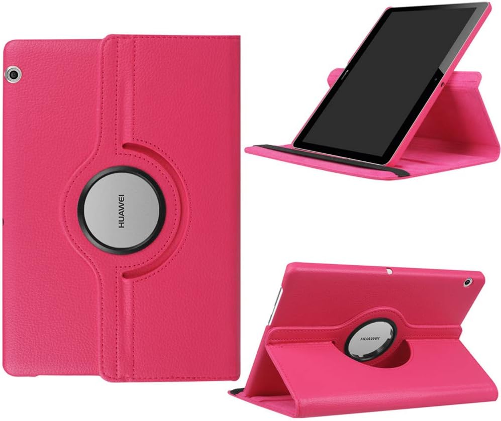 QTek 360° Rotating Case for Huawei MediaPad T5 10 (10.1") PU Leather Tablet Stand Case Smart Cover (Hot Pink)