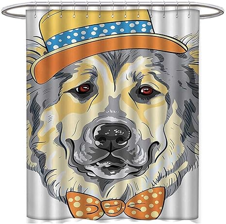 Amazon シャワーフック付きアニマルシャワーカーテン アニメアートスタイル アニマルテーマ かわいい犬 帽子と蝶ネクタイ イラスト サテン生地 浴室 洗濯可 幅36x長さ72ペールイエローペールグレー W72 X L84 シャワーカーテン ホーム キッチン オンライン通販