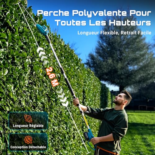 SEESII Electric Telescopic Hedge Trimmer 2.6 m, Electric Hedge Trimmer with 40 cm Double Action Blade, 2 x 4.0Ah Batteries, 135° Adjustable Swivel Head, for High Hedges and Dense Shrubs