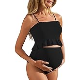 Summer Mae Maternity High Waist Swimsuit Ruffle Hem Bikini Bathing Suit Shirred Bandeau Two Piece Pregnancy Swimwear