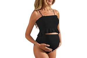 Summer Mae Maternity High Waist Swimsuit Ruffle Hem Bikini Bathing Suit Shirred Bandeau Two Piece Pregnancy Swimwear