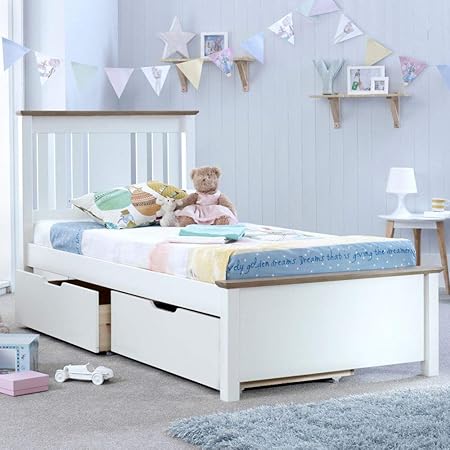 white single bed frame with drawers