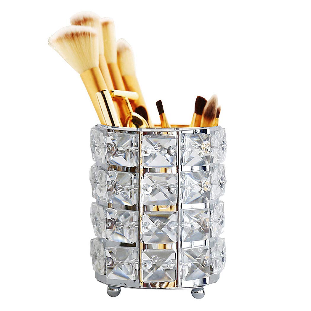 SIPLIV Makeup Brush Holders Pen Holder Handcrafted Crystal Eyebrow Pencil Pen Collection Cosmetic Storage for Vanity Bathroom Office Desk Organizer - Sliver