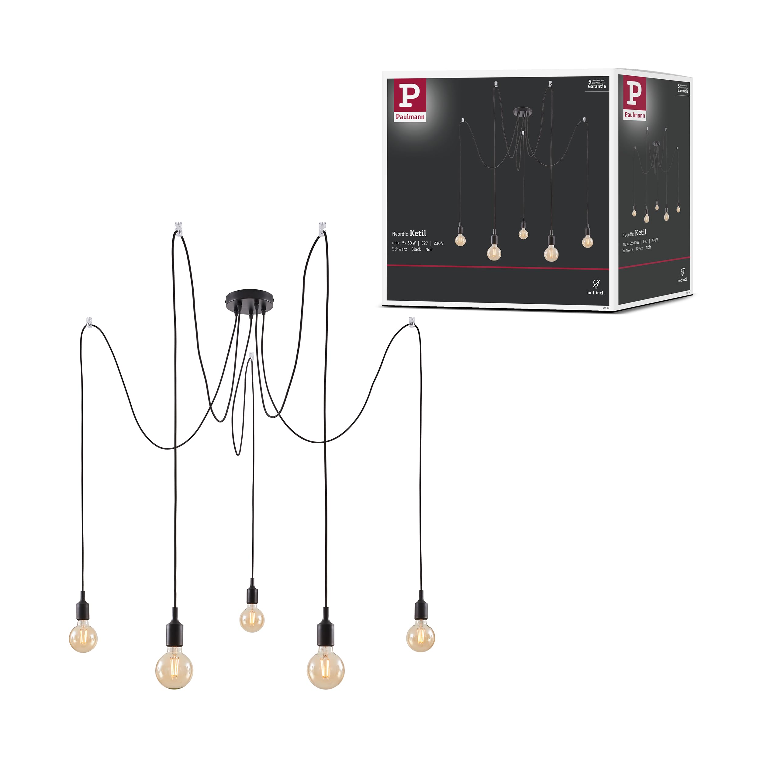Paulmann 50389 Ketil Neordic Pendant luminaire 5-lamp Sputnik max. 5x20 watts Pendant lamp Black Ceiling lamp Silicone, Metal Pendant luminaire E27