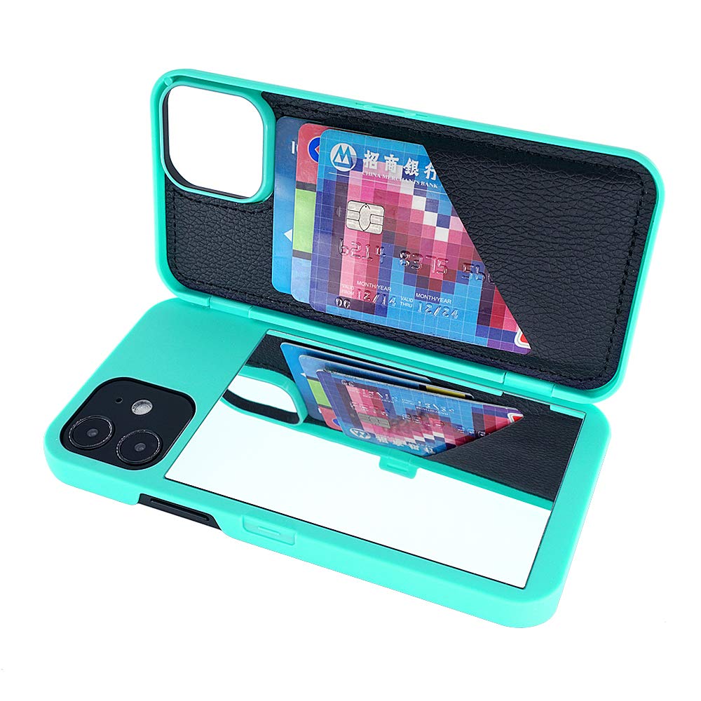 W7ETBEN iPhone 12 Case, iPhone 12 Pro Wallet Case with Kickstand Built-in Mirror Shockproof Card Holder Cover for Apple iPhone 12 6.1"/iPhone 12 Pro 6.1 Inch (Teal) — image 1