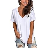 SAMPEEL Women's V Neck T Shirts Casual Rolled Short Sleeve Side Split Summer Tops Loose Fit