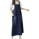 ebossy Women's Patchwork Denim Bib Overall Casual Button Jean Maxi Long Pinafore Dress With Pocket
