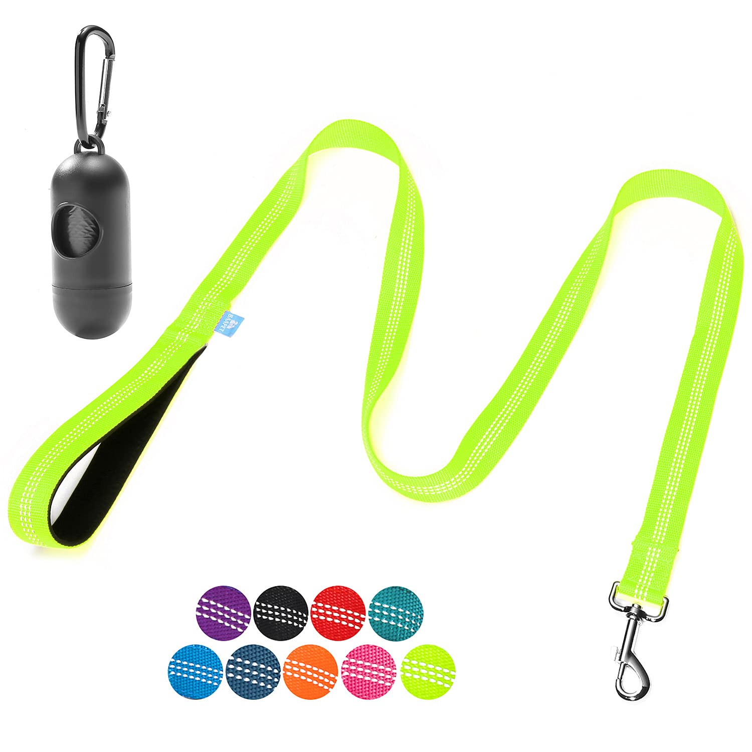 BAAPET 5 Feet Nylon Dog Leash with Triple Reflective Threads and Comfortable Padded Handle for Walking, Training Lead Small Puppy, Medium and Large Dogs (1.0'' x 5 FT, Green)