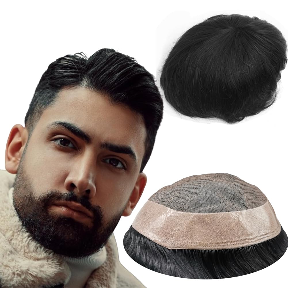 YANAHAIR Toupee for Men men hair pieces Mono Toupee Human Hair Replacement System 100% European Real Human Hair Men Lace Hair System Fine Mono Lace with PU Around (#1B Off Black, 8x10)