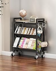 3-Tier Rolling Book Cart, Mobile Bookshelf with 2