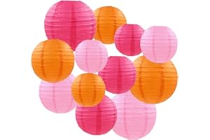 12pcs Orange and Pink Paper Lanterns - Round Ceiling Hanging Paper Lampshades,for Baby Shower Wedding Birthday Tropical Party
