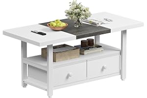 FABATO 2-Tier Coffee Table with Storage Shelf and 2 Drawers, 46'' Rectangular Center Table Wood Top for Living Room Reception