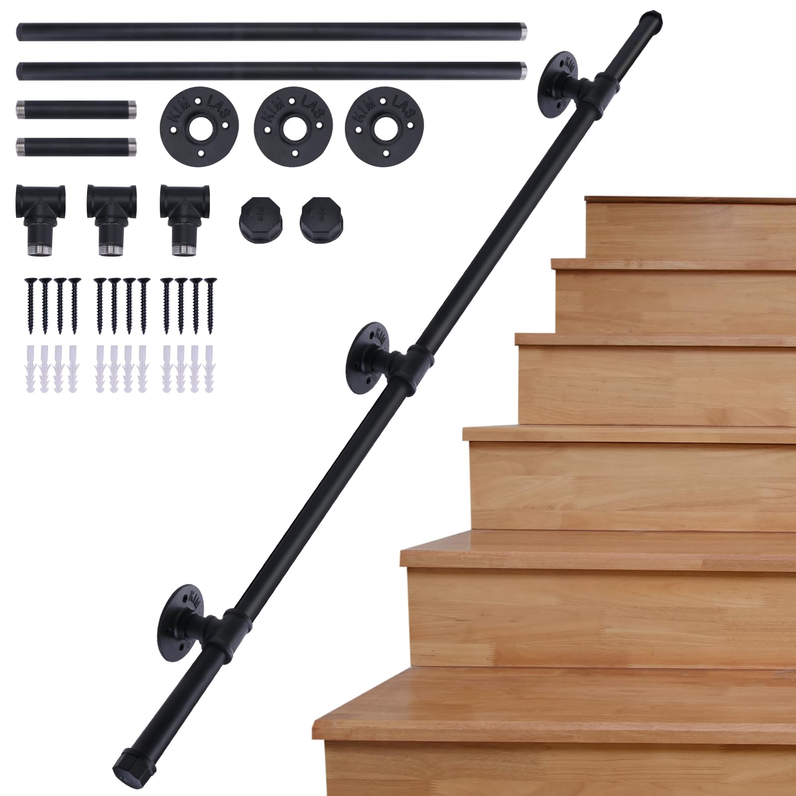 AMLOOPH Hand Rails Stairs, 2.43m Banister Handrails for Stairs, Black Bannister Rail for Stairs Handrail, Wall Mounted Stair Banister Hand Rails with Fittings, Non-Slip Handrails for Outdoor Steps