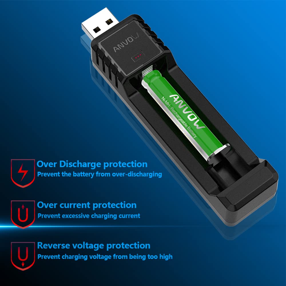 ANVOW Smart AAAA Battery Charger with 2 Counts Rechargeable AAAA Batteries - Ni-MH 1.2V 400mAh 1200 Cycles Surface Pen Active Stylus Rechargables Battery