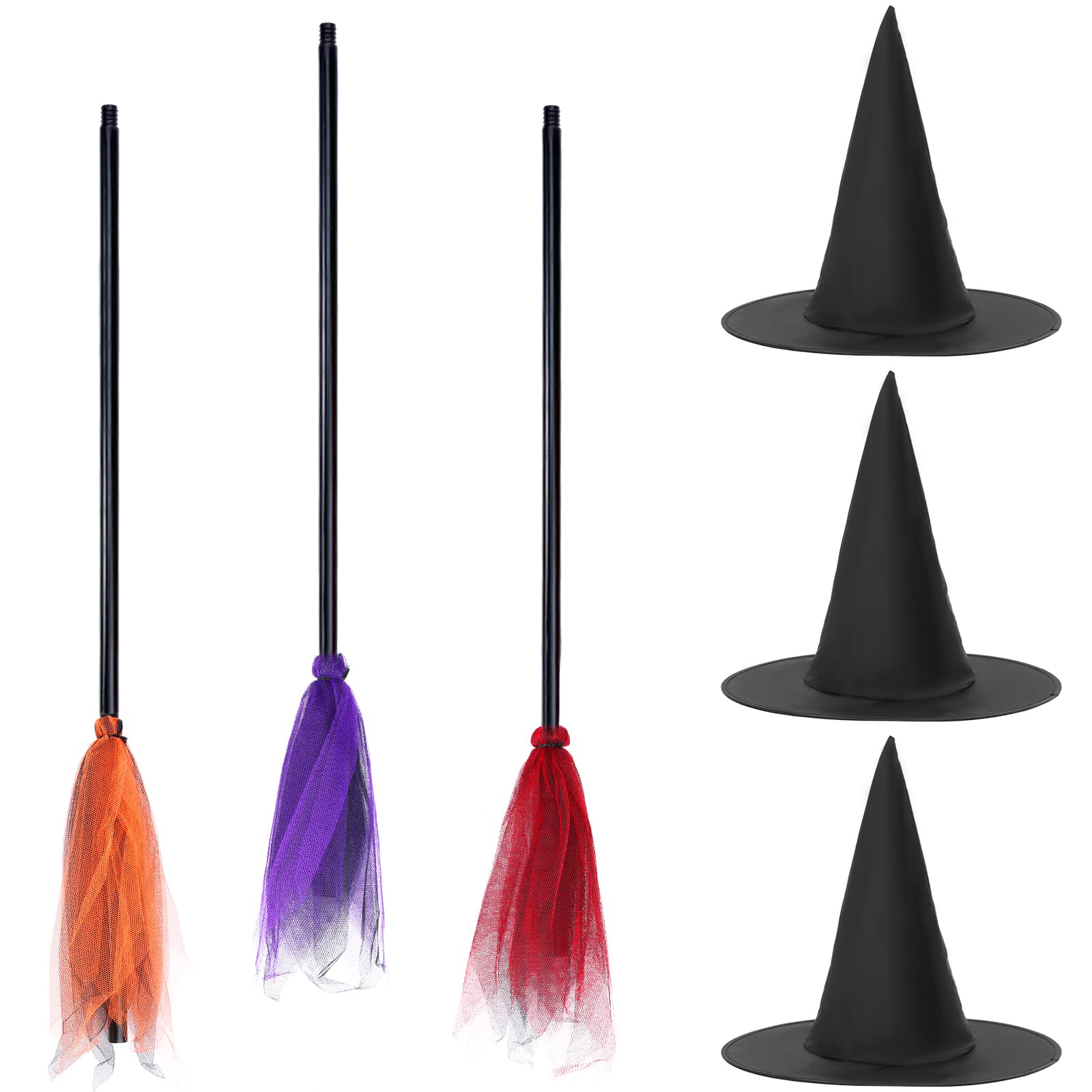 RZJSLSHANHAI 6 Pieces Halloween Witch Broom Set, 3 Pack Halloween Witch Brooms and 3 Pack Halloween Witch Hats Kids Broom Props Cap Flying Broomstick for Halloween Costume Cosplay Party Decoration