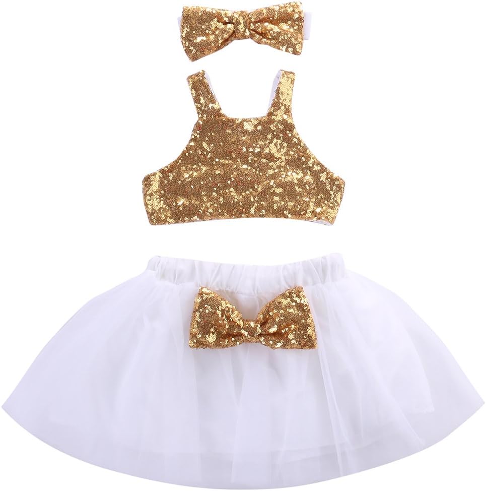 Toddler Baby Girls Gold Sparkle Sequins Tops Tutu Skirt 3pcs Princess Outfit Set