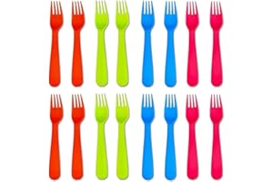 Jawbush 16Pcs Plastic Kids Forks, Reusable Toddler Utensils with Bright Colors, Durable Silversware Set for Lunch Box Camping or Travel, Easy Grips Both for Kids or Adults, BPA Free Dishwasher Safe