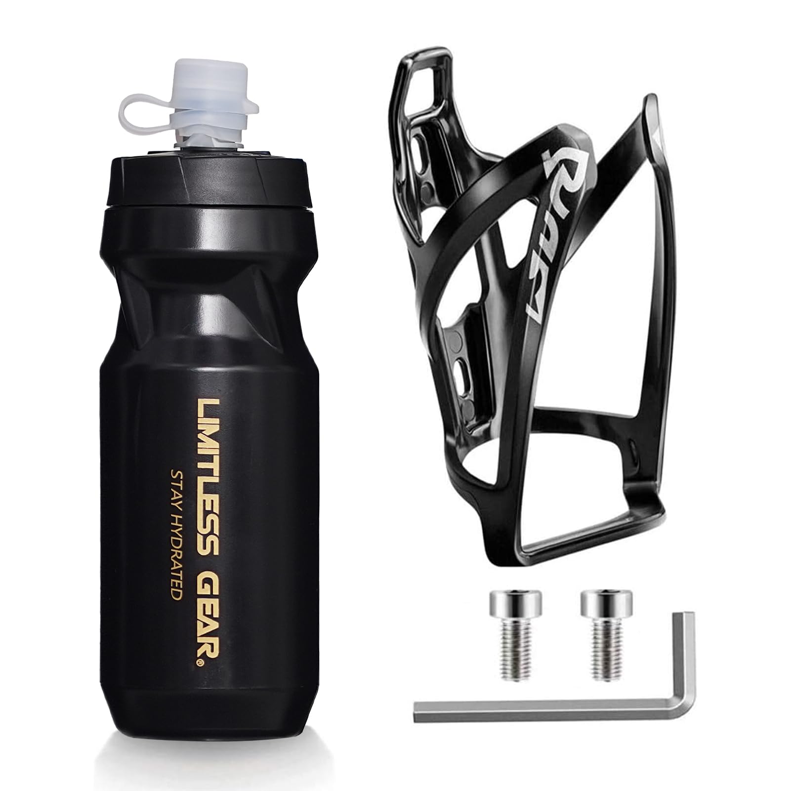 OSIGEI Bike Water Bottle Cage and 21oz Bike Water Bottle Set Lightweight Bike Bottle Holder with Screws - Premium BPA Free Sports Bottle for Road Mountain and Kids Bikes (Black Gold)