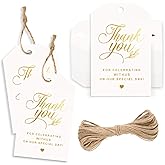 100 Pcs Thank You Tags, Thank You for Celebrating with us Tags with String, White Foil Gold Favor Hanging Tags for Wedding, B