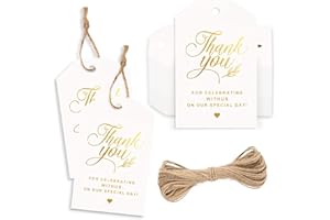 100 Pcs Thank You Tags, Thank You for Celebrating with us Tags with String, White Foil Gold Favor Hanging Tags for Wedding, B