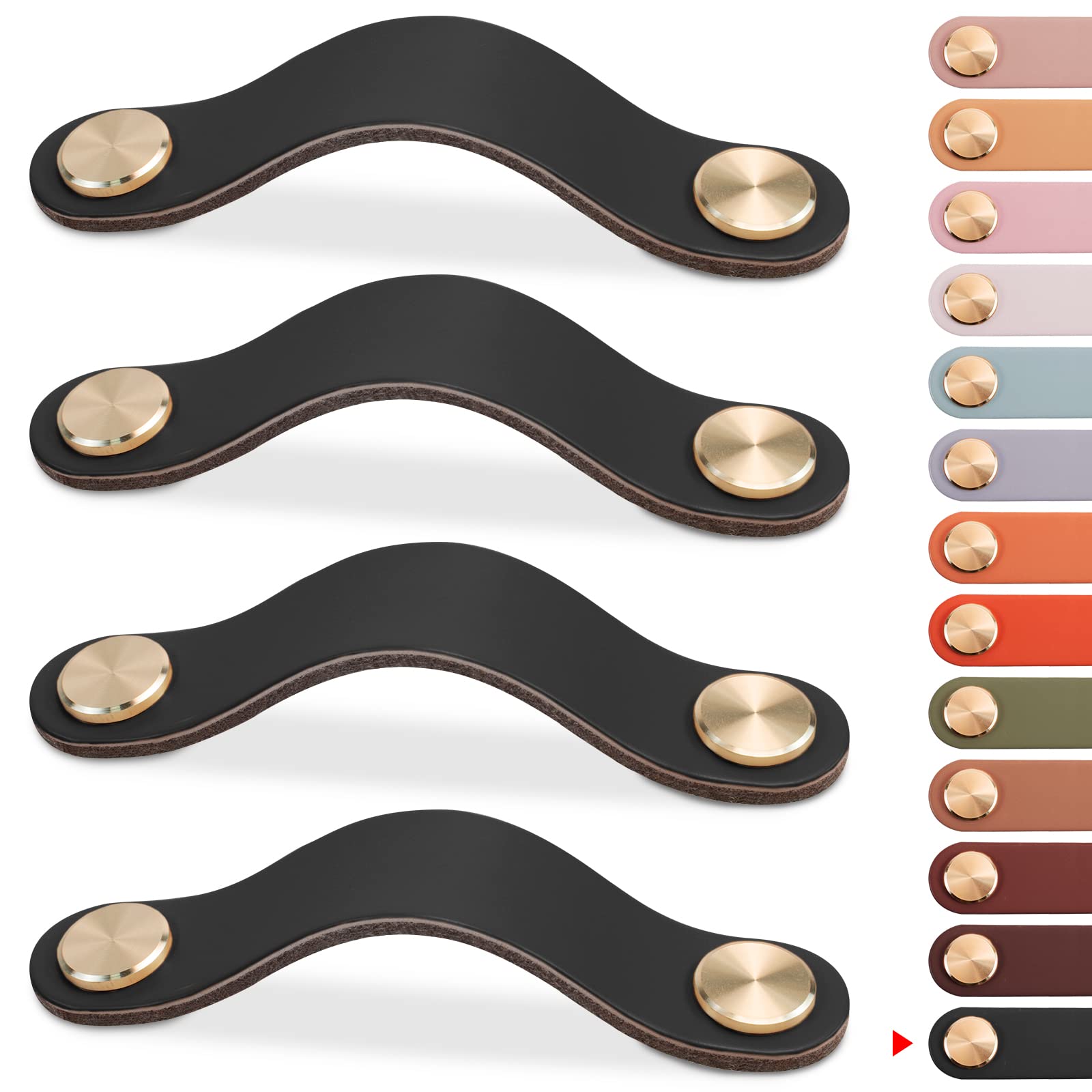 LEREATI 4pcs Leather Drawer Handles Drawer Knobs Kitchen Cupboard Handles Faux Leather Drawer Pulls, Door Knobs for Cupboards, Wardrobe, Dresser, Closet (Black, 96mm Hole Center)