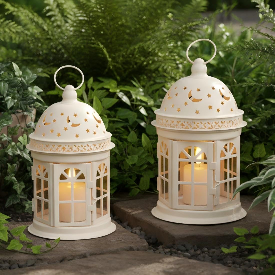 JHY DESIGN Set of 2 Decorative Candle Lanterns 21.5 cm High Vintage Hanging Candlestick Metal Candelabra Tealight Holder for Indoor Outdoor Events Parities Table Weddings Pathway Jungle Tree (White)