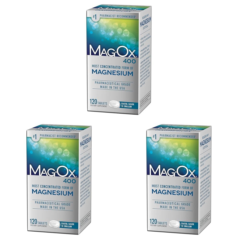 Mag-Ox Magnesium Supplement, Pharmaceutical Grade Magnesium Oxide 483mg, Most Concentrated Form of Magnesium, 120 Tablets (Pack of 3) Image