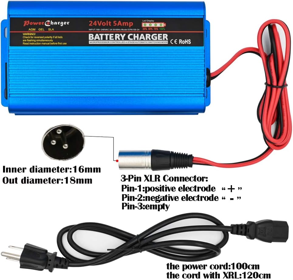 24V 5A Automatic Battery Charger Trickle Charger Battery Maintainer with 3-Pin XLR Connector for Scooter Wheelchair Car Motorcycle eBike Lawn Mower Marine Boat: Automotive