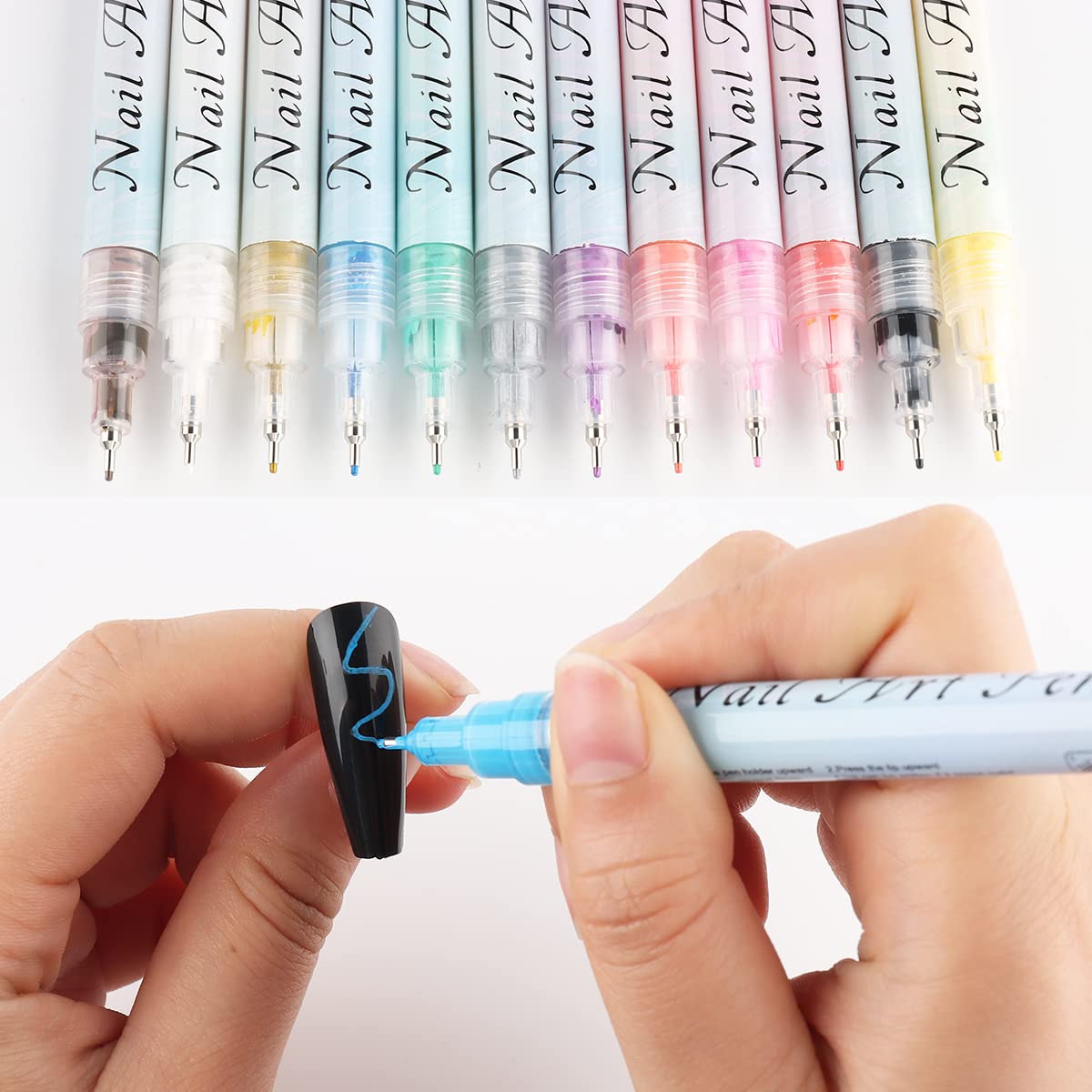 Fcozpjk Nail Art Graffiti Pen Set 12Pcs Waterproof Painting Marker Pen Black White Drawing Gel Liners Quick Dry Dotting Pen Nails Professional Material For Manicure